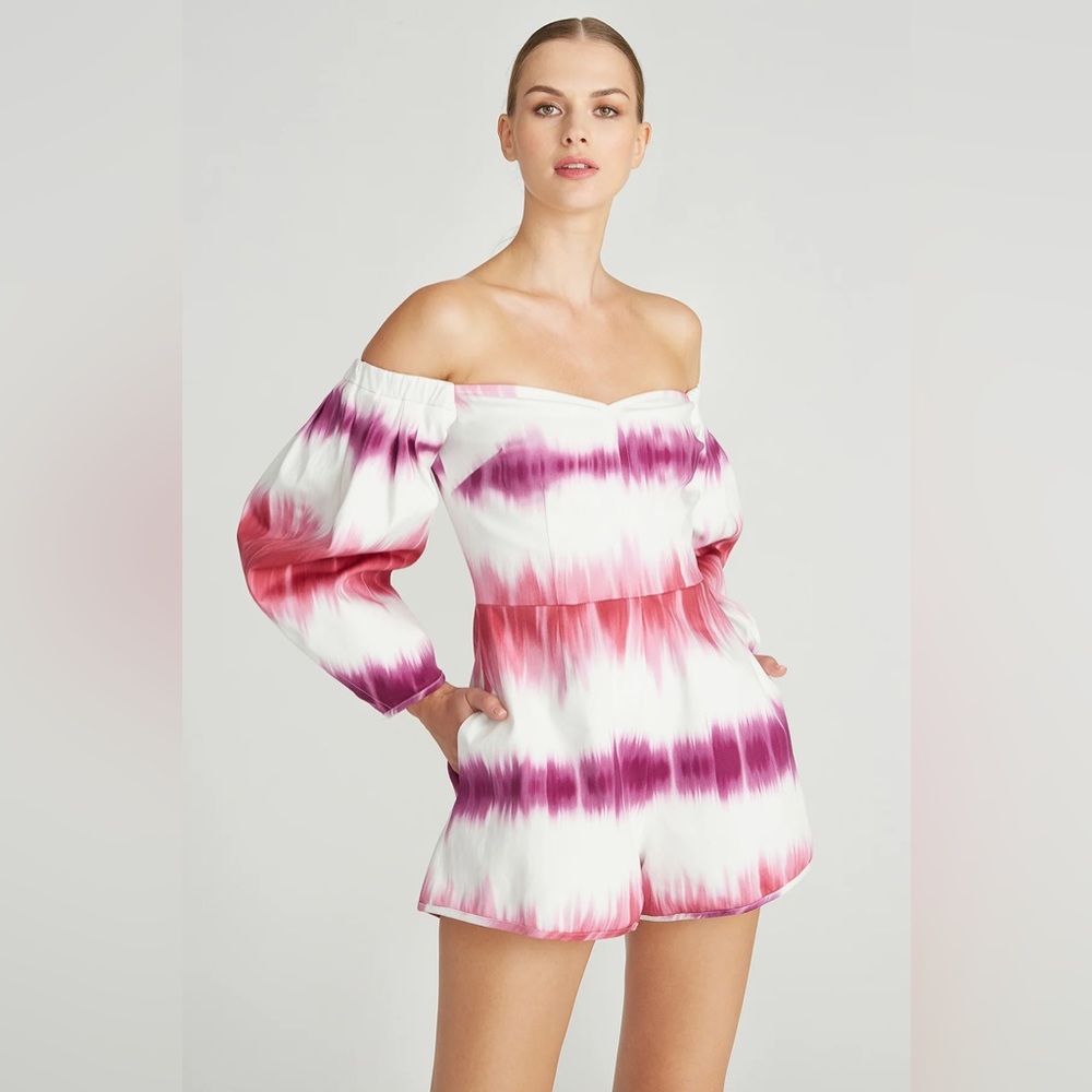 AMUR Ariadne Off the Shoulder Romper in Barberry Tie Dye Stripe (10)